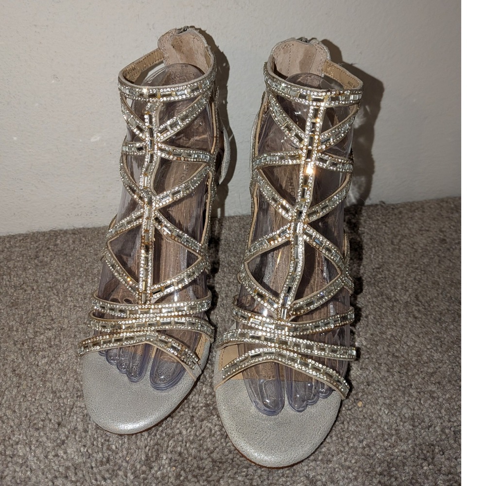 Antonio Melani Silver Rhinestone Cage Gladiator Stiletto Heels Sandals 7.5M